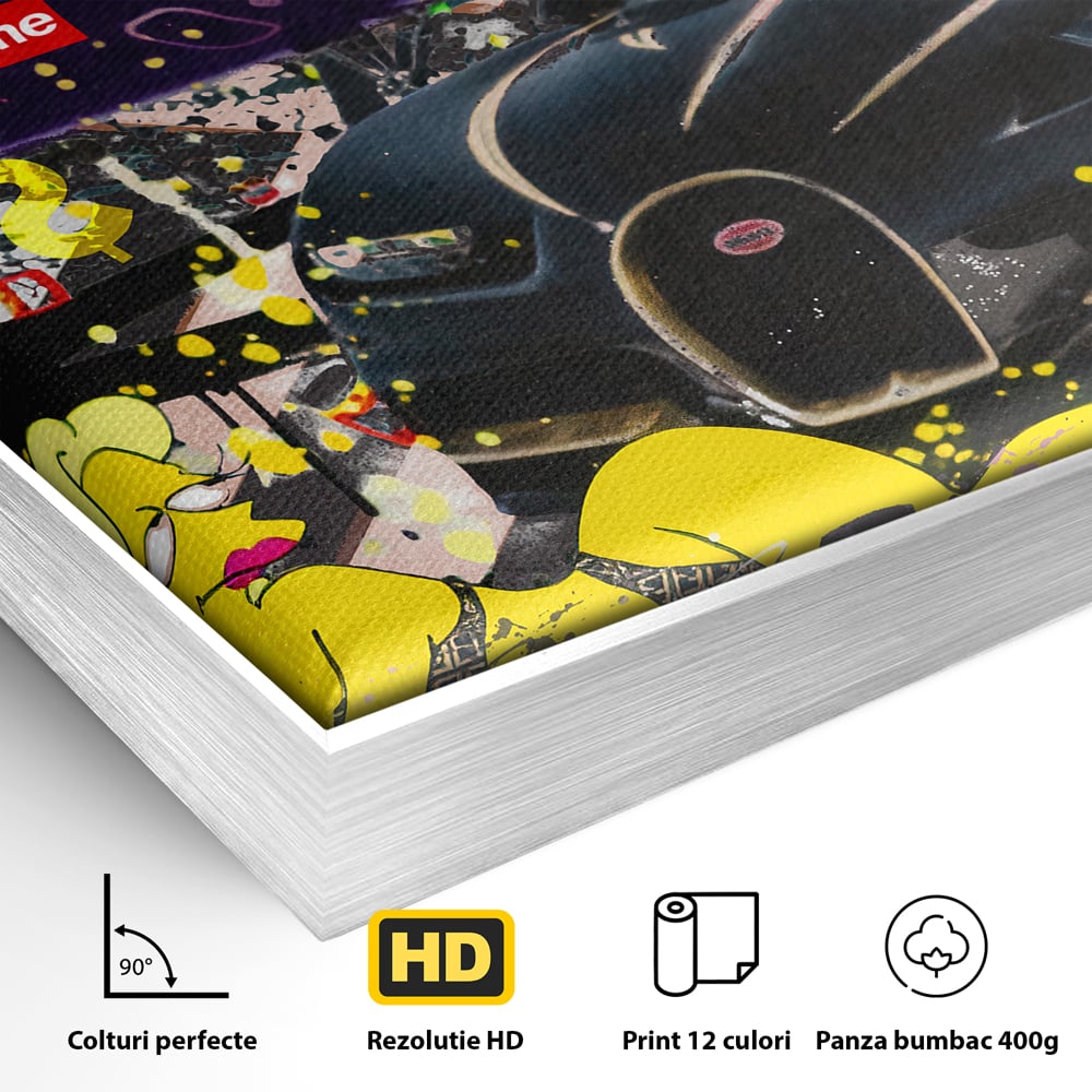 Detaliu al suprafetei: tablou canvas cu homer simpson si masina de lux, in rama de aluminiu argintiu